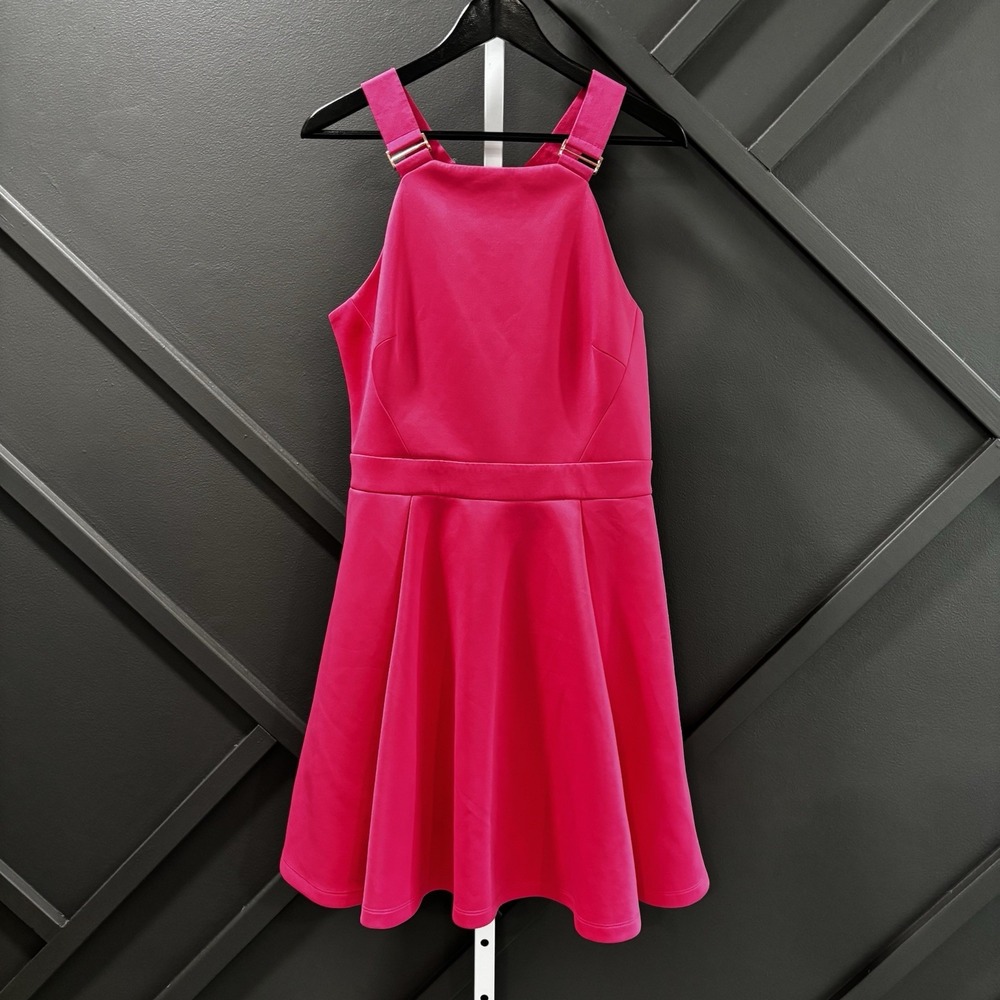Ted Baker London Hot Pink Square Neck Gold Buckle Strap Fit Flare Dress Size 5